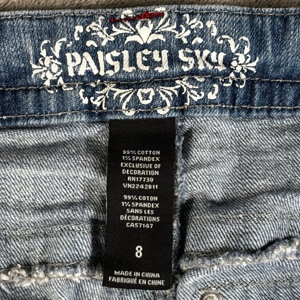 Paisley Sky Denim Shorts Womens 8 Blue Star‎ Flap Pockets Contrast Stitch